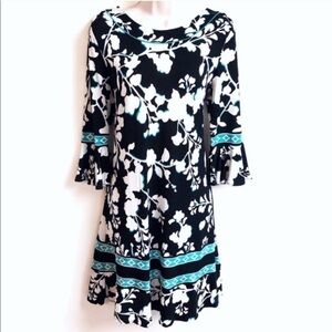 BCBGMaxAzria floral bell sleeve scoop neck black white ruffle shift dress
